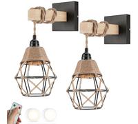HNVBDOPAE Lot de Deux Appliques Murales Boho En Rotin, Sans Fil, Noires, À Piles, Avec Télécommande Et Rechargeable Par Usb, Pour Chambre À Coucher, Tête de Lit, Style Ferme, Industriel, Grange