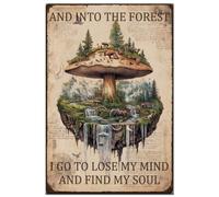 Hobbspring 1 plaque en métal vintage - 20 x 30 cm - Poster rétro champignons et plantes et Into The Forest I Go To Lose My Mind And Find My Soul - Pour salon, maison, décoration murale