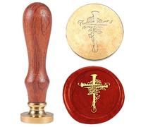 Hobbspring 1pc Tampon de Cire Vintage Croix avec Rose Tampon de Cire à Cacheter Tête de Tampon en Laiton Amovible de Cadeau de Noël 25mm avec Manche en Bois pour Enveloppes Invitations Embellissement