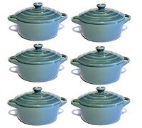 Hobby Tech Lot de 6 Mini Cocottes Grises Céramique Double Poignées avec Couvercle 13,5cm x 8cm Contenance Moule 200ml Ramequin Résistant Haute Température Four pour Petits Plats (Grise, Lot de 6)