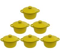 Hobby Tech Lot de 6 Mini Cocottes Jaunes Céramique Double Poignées avec Couvercle 13,5cm x 8cm Contenance Moule 200ml Ramequin Résistant Haute Température Four pour Petits Plats (Jaune, Lot de 6)