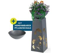 Hoberg Colonne de plantes LED Design feuilles de ginkgo Aspect béton Jardinière amovible (Ø 34cm) In/Outdoor Éclairage intégré sans fil 23 x 23 x 70 cm