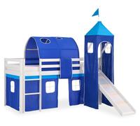 Homestyle4u – Lit mezzanine enfant 90 x 200 cm avec toboggan, tour et rideau bleu
