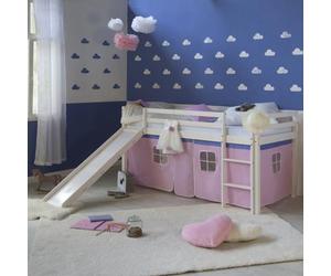 Hochbett Spielbett Kinderbett Rutsche Kiefer Vorhang rosa 90x200 Jugendbett