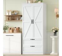 HOCSOK Armoire Cuisine, Buffet Cuisine avec 2 Portes et 2 Tiroirs, Blanc | Vaisselier Haut avec Poignée en Métal Rétro, Etagères Réglables, Moderne