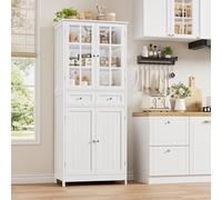 HOCSOK Buffet Cuisine, 180 cm Haut Vaisselier avec 2 Portes Vitrées, Armoire de Cuisine avec 4 Portes et 2 Tiroirs, Vitrine pour Salle à Manger, Bureau, Salon, Moderne, Blanc