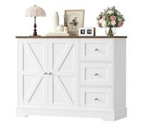 HOCSOK Meuble de Rangement, Buffet Cuisine, Blanc et Marron | 3 Tiroirs et 2 Portes, Meuble Cuisine Placard pour Cuisine, Salle à Manger, Salon