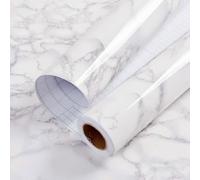 Hode Papier Peint Film Rouleau Adhesif pour Meuble Cuisine Mural, Papier Autocollant pour Meuble Armoires Imperméable, Décoratif Revêtement Blanc Marbre Vinyle Tableaux Comptoirs 90×300cm PVC