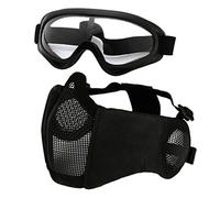 Hodeacc Ensemble de masque et lunettes d'airsoft, demi-masque en maille métallique avec protection auditive, lunettes anti-UV, protection des yeux pour extérieur, chasse, jeu CS