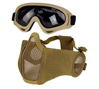Hodeacc Ensemble de masque et lunettes d'airsoft, demi-masque en maille métallique avec protection auditive, lunettes anti-UV, protection des yeux pour extérieur, chasse, jeu CS