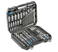 Högert Technik Jeu d'outils 222 pièces, jeu de clés à douille et d'embouts 1/4", 3/8" et 1/2", en acier CRV, clé à fourche et polygonale, DIN 3124, dans un coffret en acier