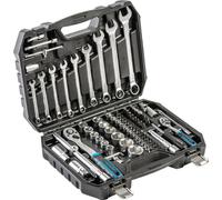 Högert Technik Jeu d'outils 85 pièces, jeu de clés à douille et d'embouts 1/4" & 1/2", acier CRV, cliquets 72T, clés à fourche, DIN 3124, dans un coffret en acier