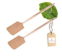 HOFMEISTER® Lot de 2 tapettes à mouches, en bois de hêtre et cuir, 47,5 cm, en provenance d'Europe, avec inscription en allemand : taux de frappe 100 % !!!, raquette anti-moustiques pratique pour