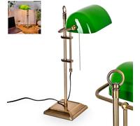 HOFSTEIN lampe de table en métal/verre en laiton vieilli/vert/blanc, lampe de banquier traditionnelle, bureau rétro/vintage avec cordon de serrage