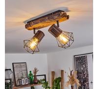 hofstein Plafonnier Bardhaman, plafonnier en métal noir/bois, spot design rétro/vintage avec abat-jour ajustable en grille avec effet de lumière, 2 flammes, 2 x E27, ampoule(s) non incluse(s)