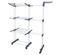 Hofuton Triple tige de séchage, Séchoir pliable avec ailes latérales - Séchoir coulissant avec 6 roulettes Bleu + Tube Gris