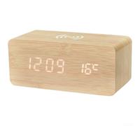 HOHOVYVY Réveil numérique LED en bois avec chargement sans fil, affichage lumineux, fonction calendrier et affichage de la température, noyer