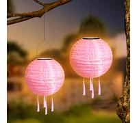 Hojalis Lot de 2 Lampions Solaires D'extérieur de 25 cm, Lanterne Solaire Suspendue Étanche En Nylon avec 4 Pompons (Rose)