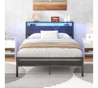 HOJINLINERO Cadre de lit Double avec étagère de Rangement et lumières LED, Cadre de lit Double en métal de 135 x 190 cm avec Station de Charge, sommier de Rangement sous Le lit, Support à Lattes