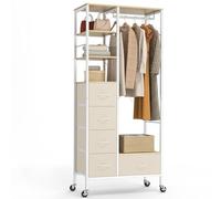 HOKEEPER Portant à vêtements, armoire ouverte, porte-vêtements sur roulettes, porte-vêtements mobile avec tiroirs, porte-veste, porte-vêtements, crochets, beige