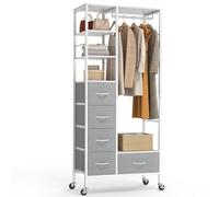 HOKEEPER Portant à vêtements, armoire ouverte, porte-vêtements sur roulettes, tringle à vêtements, porte-vêtements mobile avec tiroirs, porte-veste, porte-vêtements, crochets, gris