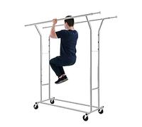 HOKEEPER Portant à vêtements double robuste, réglable et pliable sur roulettes, capacité de charge de 180 kg, portant à vêtements de qualité commerciale, finition chromée