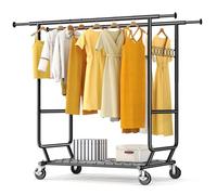 HOKEEPER Portant à vêtements robuste à double rail sur roulettes, capacité de 295 kg avec étagère inférieure, longueur et hauteur extensibles - Idéal pour chambre, boutique, buanderie, vente de cour