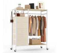 HOKEEPER Porte-manteau roulant tout-en-un avec 5 tiroirs, organiseur de placard mobile sur roulettes, tringle à vêtements et étagères ouvertes pour chambre à coucher, buanderie - Beige