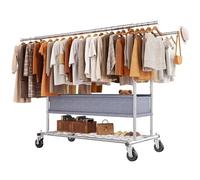 HOKEEPER Porte-manteau sur roulettes - Double tringle à vêtements - Charge maximale : 283 kg - Design industriel - Avec étagère et panier à linge - Longueur et hauteur extensibles