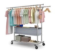 HOKEEPER - Porte-manteaux sur roulettes à double tringle - Charge maximale 283 kg - Design industriel - Porte-vêtements avec étagère et panier à linge
