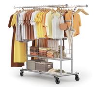 HOKEEPER Porte-vêtements sur roulettes pour charges lourdes, double tringle à vêtements, charge jusqu'à 283 kg, design industriel, avec étagère et panier à linge, longueur et hauteur extensibles