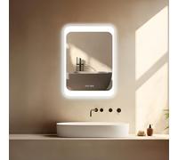 HOKO® Miroir de Salle de Bain LED 50 x 70cm, Horloge numérique, Fonction mémoire, capteur Tactile, Interrupteur Mural, 3 Couleurs d'éclairage LED, 3000-6000K.
