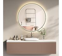 HOKO® Miroir Mural Design Rond 60cm avec Éclairage LED Économique et Cadre en Métal Noir. Interrupteur Tactile, Changement de Couleur de Lumière 2700-6500K Chaud-Froid-Neutre