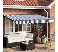 Holamys Auvent électrique extensible bleu blanc 3,5 x 2 m pour jardin, balcon, terrasse avec tissu polyester résistant aux intempéries, télécommande moteur et montage mural