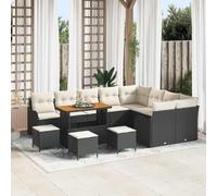 Holamys Ensemble canapé de Jardin 13 pcs Noir crème, Poly rotin résistant UV, Acier Enduit Poudre, Bois Acacia Massif, modulable avec Rangement, Coussins Mousse Confort
