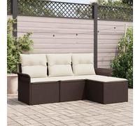 Holamys Ensemble de canapés 4 pcs en polyrotin Marron et crème avec Coussins Amovibles, Cadre Acier Enduit, Bois d'acacia, idéal pour mobilier Jardin extérieur, terrasse et Patio