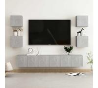 Holamys Ensemble de Meubles TV 7 pcs Gris béton en Bois d'ingénierie avec Support Mural, Meuble TV pour Salon et Chambre, Table TV Multifonction, Centre de Divertissement Pratique