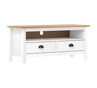 Holamys Meuble TV Hill Range en Bois de pin Massif Blanc 110x40x47 cm avec 2 tiroirs et Compartiment, Meuble TV pour Salon Style Rustique, Buffet TV Console Stable et spacieux
