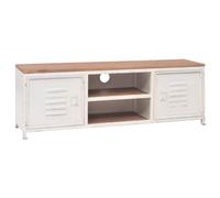 Holamys Meuble TV Industriel Blanc 120x30x40 cm en Acier galvanisé avec Dessus en Sapin Solide, 2 étagères et 2 armoires pour Salon ou Chambre, Centre de Divertissement Robuste