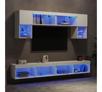 Holamys Unités murales TV Blanc Bois d'ingénierie 6 pcs avec LED RVB, Meuble TV Flottant, Espace Rangement, Support Mural, Meuble TV pour Salon et Chambre