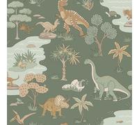 Holden Storybook Dino Zoo Papier peint mignon sur le thème des dinosaures avec T-Rex préhistorique, Velociraptor, serpents et animaux pour la chambre des enfants, pour garçons et filles, vert (14010)