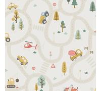 Holden Storybook Roundabout Road Fun Vehicle and Traffic Theme Papier peint avec voitures, camions, hélicoptères, pelleteuses pour chambre de garçon ludique Crème/multicolore (14080)