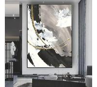HOLEILUCK Tableau abstrait en feuille d'or - Peinture moderne sur toile - Noir et blanc - Art mural pour décoration d'intérieur - 60 x 85 cm - Avec cadre noir