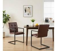 Holekex Lot de 2 chaises de salle à manger cantilever en cuir véritable marron avec accoudoirs et rembourrage, cadre en acier revêtu par pulvérisation, assise confortable, 51 x 56 x 91 cm