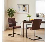 Holekex Lot de 2 chaises de salle à manger cantilever en cuir véritable marron avec rembourrage, accoudoirs et dossier, cadre en acier revêtu par pulvérisation, 51 x 56 x 91 cm