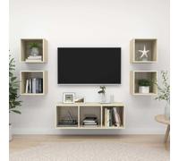 Holekex Lot de 5 meubles TV suspendus en chêne Sonoma avec espace de rangement, 4 x 37 x 37 cm, 1 x 37 x 107 cm, salon, chambre à coucher, rangement, chemin de câbles, étagère