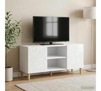 Holekex Meuble TV blanc brillant en bois de 102 x 34,5 x 50 cm, meuble bas vintage avec 2 portes, étagère et pieds en eucalyptus, buffet de salon pour rangement et rangement multimédia