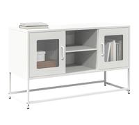 Holekex Meuble TV blanc en acier laminé à froid 100,5 x 39 x 60,5 cm avec 2 compartiments, portes, tiroirs pour salon, chambre à coucher, home cinéma, espace de rangement et passe-câbles