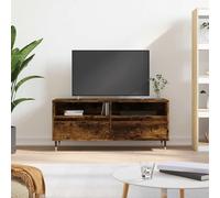 Holekex Meuble TV en chêne fumé 100 x 34,5 x 44,5 cm avec 2 tiroirs, 2 compartiments, pieds en fer, espace de rangement pour salon, chambre à coucher, home cinéma, étagère et passe-câbles