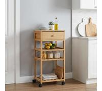 Holepyr Chariot de cuisine avec roues, bambou naturel, 37 x 36 x 80 cm, chariot à roulettes avec 3 étagères à lattes, freins et roulettes pivotantes à 360°, chariot d'appoint pour cuisine, salle à